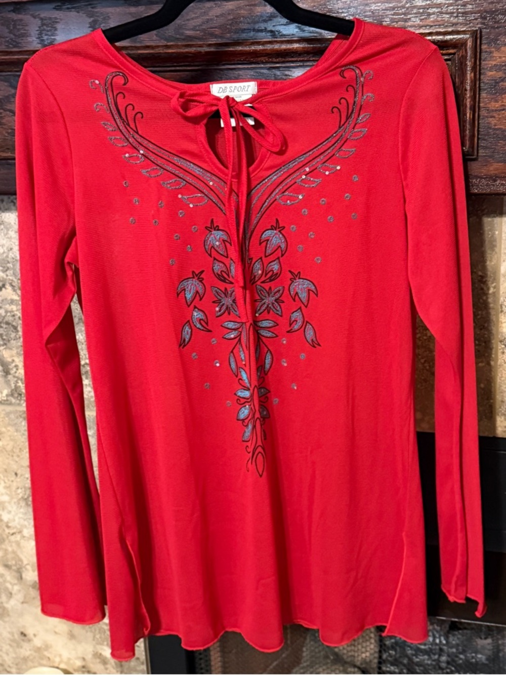 DB SPORT Red Long Sleeve Tie Neck Embellished Sheer Top Womens Size Medium